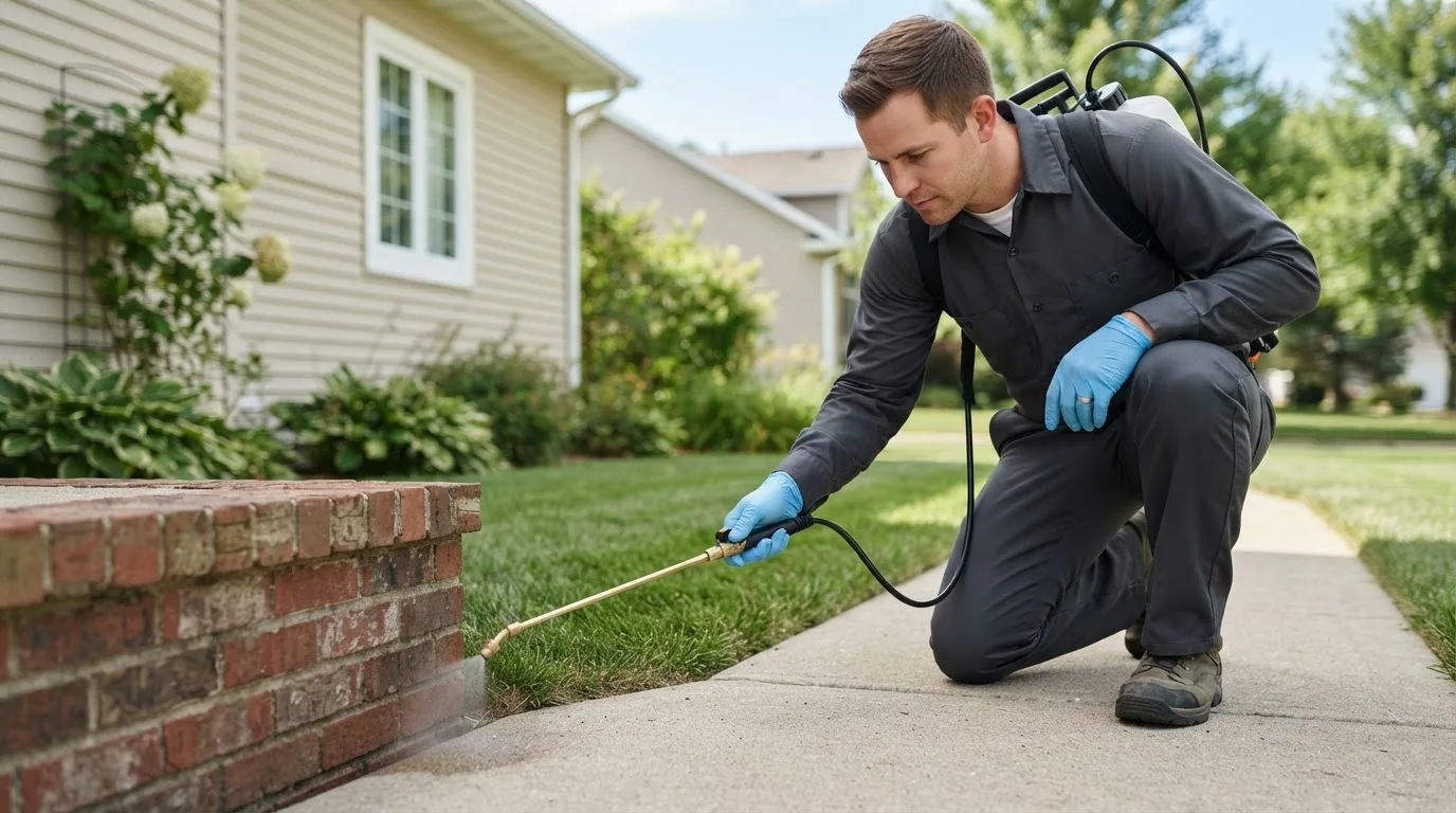 Pest control technician treating a home near Tiffin, OH