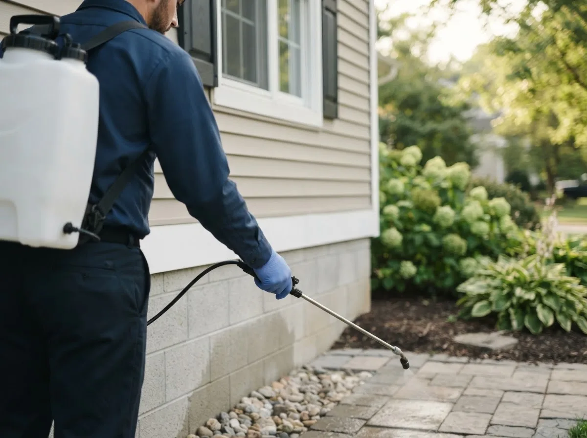 Pest control technician inspecting a home in Tiffin, OH